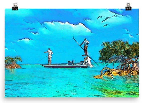 FISHING SCENE Ocean Boat Fine Art Canvas Giclee Print Florida