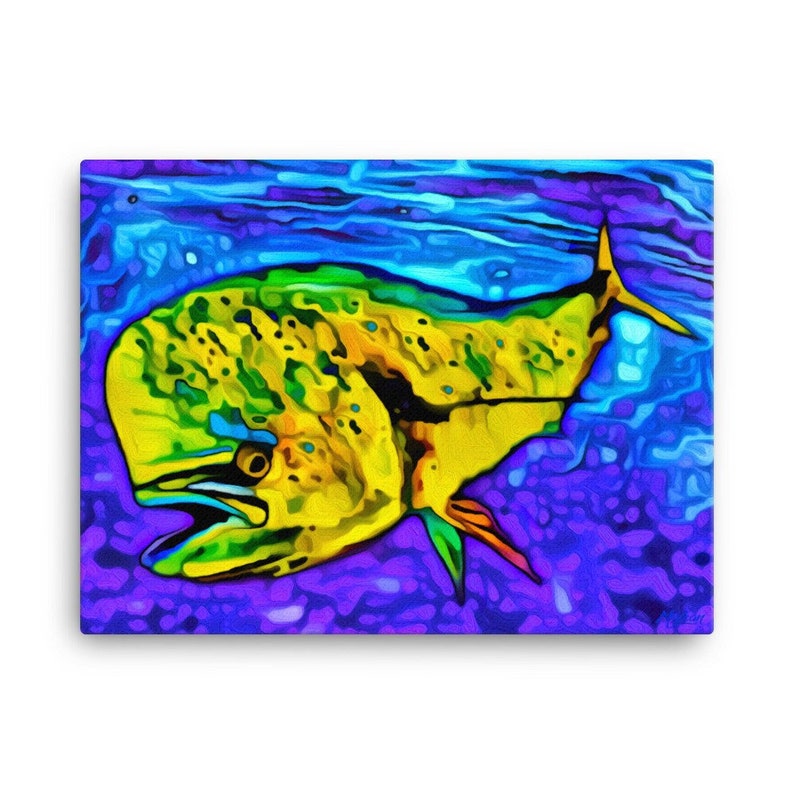 Horizontal art print of a mahi dolphin swimming in the deep waters of the blue ocean in colors of yellows and greens. Available in three sizes (12x16, 18x24 and 24x36 inches) as either an unframed giclee print or as a ready to hang canvas print.