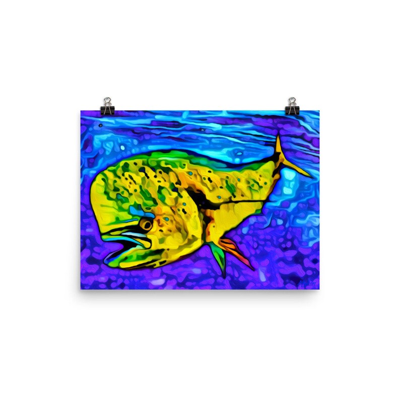 Horizontal art print of a mahi dolphin swimming in the deep waters of the blue ocean in colors of yellows and greens. Available in three sizes (12x16, 18x24 and 24x36 inches) as either an unframed giclee print or as a ready to hang canvas print.