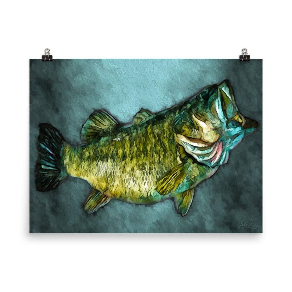 Bucket Mouth Wall Art Print on Wood Fishing Home Decor Watercolor Bass Wall  Hanging Poster 