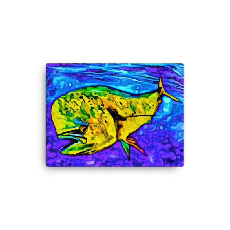 Horizontal art print of a mahi dolphin swimming in the deep waters of the blue ocean in colors of yellows and greens. Available in three sizes (12x16, 18x24 and 24x36 inches) as either an unframed giclee print or as a ready to hang canvas print.