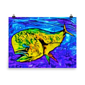 Horizontal art print of a mahi dolphin swimming in the deep waters of the blue ocean in colors of yellows and greens. Available in three sizes (12x16, 18x24 and 24x36 inches) as either an unframed giclee print or as a ready to hang canvas print.