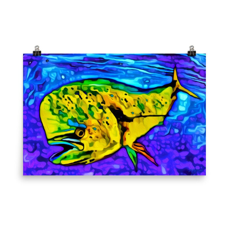 Horizontal art print of a mahi dolphin swimming in the deep waters of the blue ocean in colors of yellows and greens. Available in three sizes (12x16, 18x24 and 24x36 inches) as either an unframed giclee print or as a ready to hang canvas print.