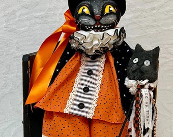 Primitive Black Cat Doll - Halloween - Scaredy Cat - Fall - Vintage Inspired