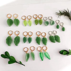 Glass Leaf Earrings, Green Leaf Earrings, Leaves Huggie Hoop Earrings, Plant earrings, Botanical Jewelry, Birthday/holiday gifts, friends