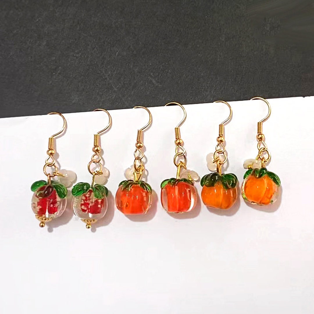 Persimmon Earrings, Glass Persimmon Dangle, Fruit Food Earrings, Kawaii ...