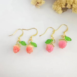 Strawberry Dangle Earrings: Red Rose Acrylic Fruit Leaf Jewelry