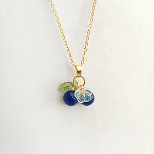 Blueberry Necklace: Glass Berry Beads, Floral Charm Clavicle Chain