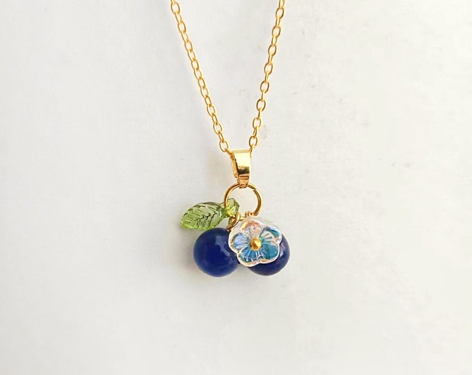 Blueberry Necklace: Glass Berry Beads, Floral Charm Clavicle Chain