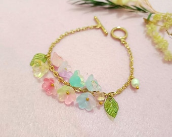 Lampwork Lily Flower Bracelet: Pearl Floral Link Chain