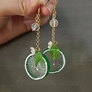 Lime Slice Earrings, Fruit Slice Drop Earrings, Orange earrings, Lemon earrings, Summer fruit jewelry, Floral drop dangle, Gifts for her