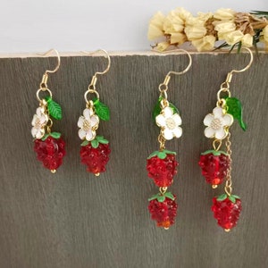 Raspberry Earrings, Fruit Food Drop Earrings, White Flower Leaf Dangle, Cute Berry Earrings jewelry, Birthday Party gifts for her/girls/lady
