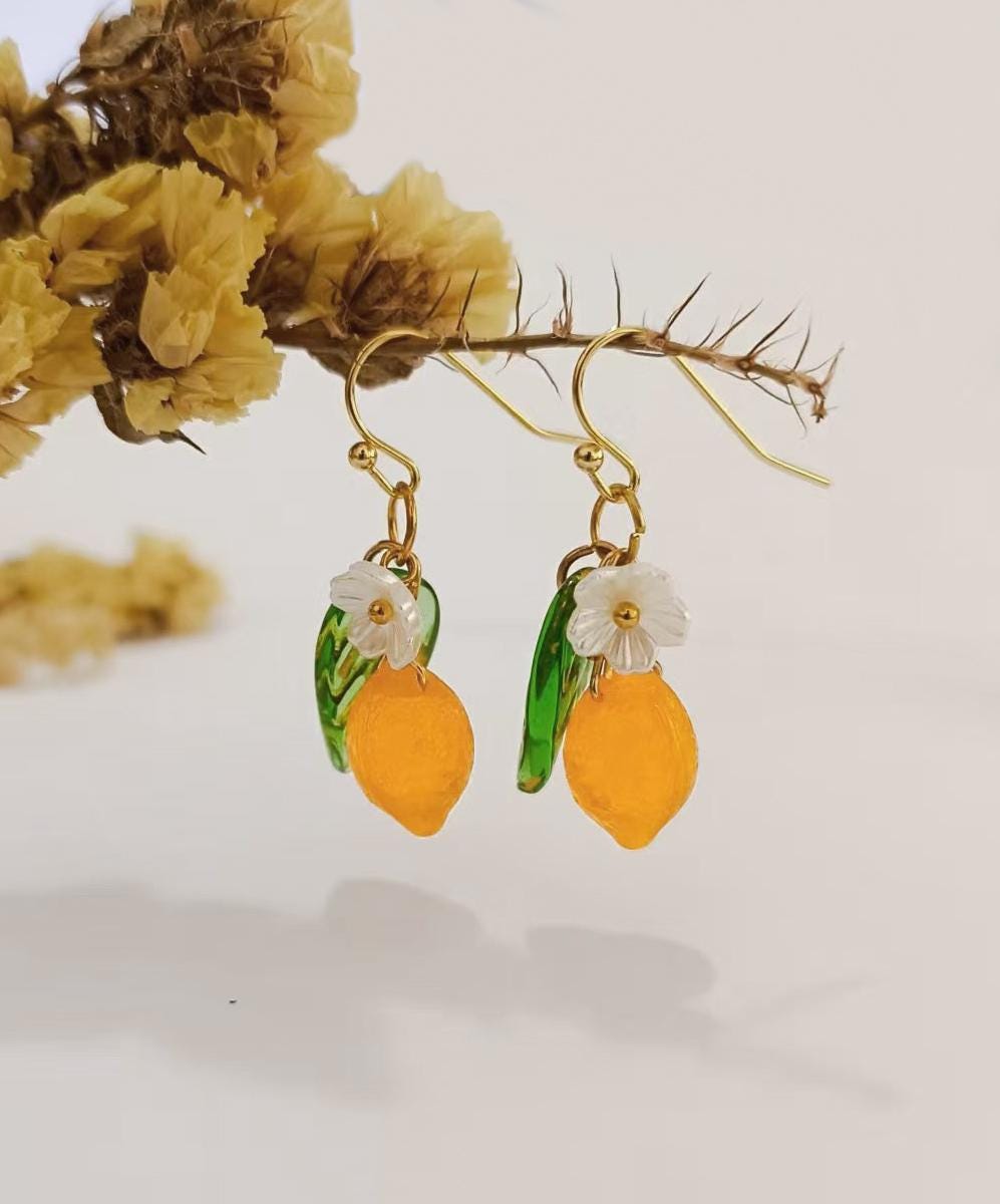 Glass Lemon Earrings: Orange Fruit Jewelry with Flower Leaf