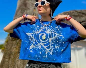 Blue Bleached/Tie Dyed Star Swirl Oversized Graphic Tee