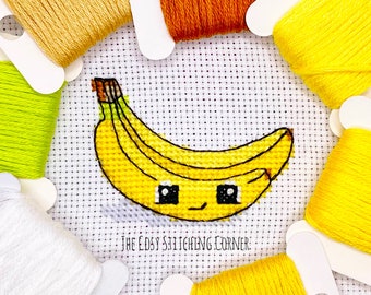 Mini Banana Cute Counted Cross Stitch Chart, Modern Kawaii Fruit Cross Stitch Pattern Digital Download PDF, Small Food Embroidery Design