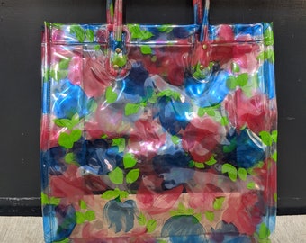 Vintage 70's PVC Pink Multicolor Hippy All Over Flower Print Mod Tote Bag