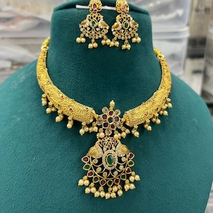 Collier hasli plaqué or, gouttes de perles, bijoux en pierre de Kemp, collier de mariage indien du sud du temple