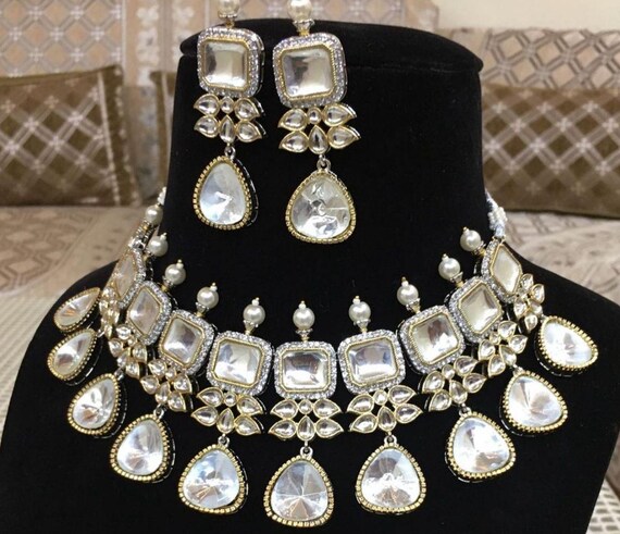 JEWELRYEMPORIUMIN Premium Kundan Necklace Set Silver Foil Choker Necklace Indian Jewelry Designer Wedding Necklace Gift for Anniversary CZ Diamond