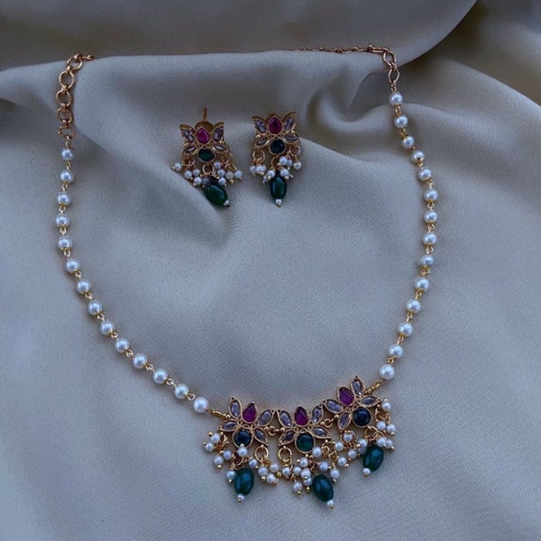 Indian Jewelry Set, Temple Jewelry, Guttapusalu Necklace Set, South Indian Jewelry, Gold Pearl Necklace Earring, CZ Diamond Choker Set,