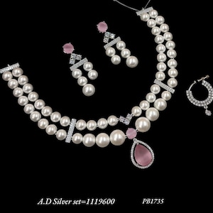 Pearl American Diamond Necklace Set: Pink Monalisa CZ, Silver Finish