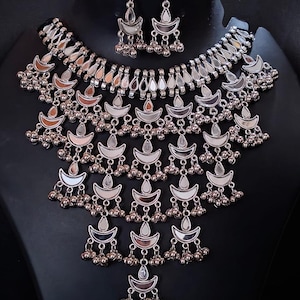 Oxidized Silver Chandelier Necklace Earring Set: Bohemian Afghan Tribal Jewelry