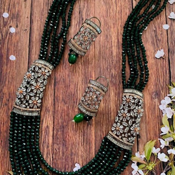 CZ Multi Strand Long Necklace, Green Emerald Beaded Necklace, Diamond Necklace, Indian Jewelry, Traditional Rani Haar, Engagement Necklace