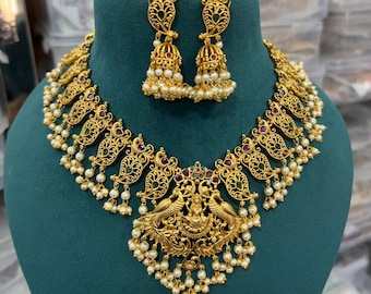 Kemp Stone Guttapusalu Necklace Set: South Indian Jhumki Jewelry