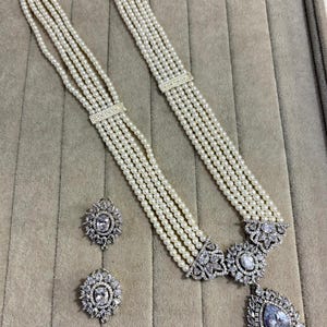 Silver Tone Pearl CZ Diamond Indian Bridal Jewelry Set