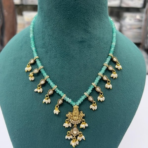 CZ Perlenkette, Südindischer Schmuck, Silberfolie Gold Halskette, Elegante Perlen Halskette, Indischer Bollywood Schmuck, Reisperlenkette