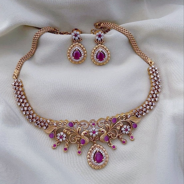 Ruby Gold Plated Necklace South Indian Jewelry Set CZ Diamond Necklace Temple Jewelry Peacock Design Necklace AD Earring Woman Necklace