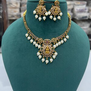 Gold Finish Pearl Necklace Set: CZ Diamond Indian Bridal Jewelry