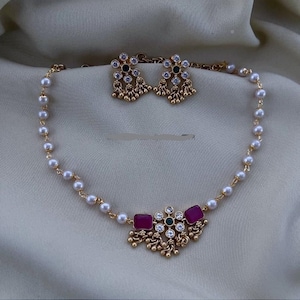 CZ Diamond Indian Necklace Set: Gold Plated Pearl Ruby Wedding Jewelry
