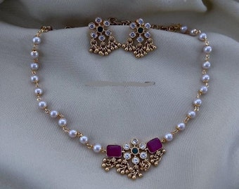 CZ Diamond Necklace Set, Indian Jewelry, Pearl Necklace, South Indian Gold Necklace, Wedding Jewelry, Bridal Jewelry, Ruby Necklace,