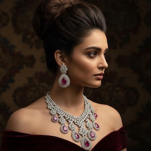 Ruby Red Teardrop Necklace and Earring Set, CZ Diamond Bridal Jewelry