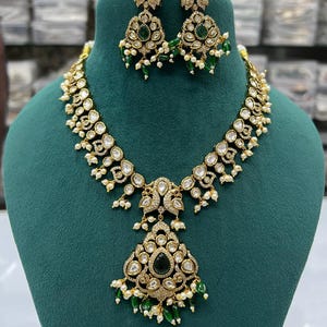 Kundan Polki Necklace Set: Gold Plated CZ Diamond & Pearl Jewelry