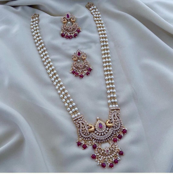 Ruby Pearl Haram Set Online Ruby Pearl Long Necklace Set, CZ - Main Image