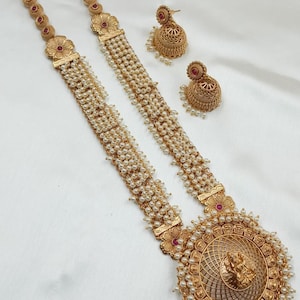 Gold Laxmi Haar Necklace Set: Rajasthani Temple Jewelry