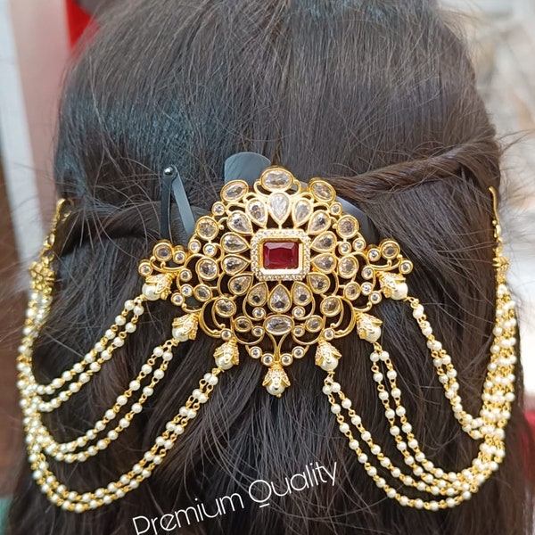 Kundan CZ Diamond Pearl Hair Pin, Hair Juda Pin, Hair Broch, Gold Plated Hair Accessories, Indian Bridal Head Jewelry,Bollywood Hair Jewelry