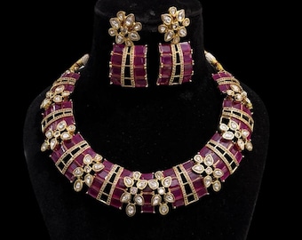 Red Kundan Choker Set: Gold Plated Indian Bridal Jewelry
