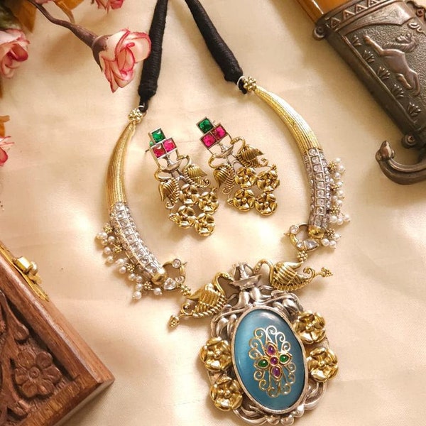 Oxidised Unique Jewelry Silver Gold Plated Necklace Indian Rajwadi Jewelry Banjara Style Antique Fusion Hasli Necklace Bollywood Jewelry