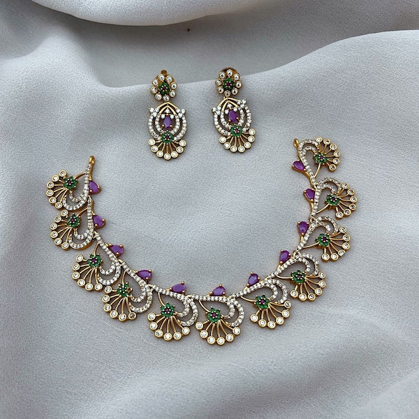Kundan Ruby Necklace Floral Design Necklace Cubic Zirconia Necklace Gold Jewelry Sabhyasachi Jewelry Indian Trending Jewelry Woman Set
