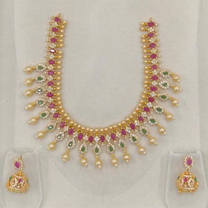 Gold Finish Ruby Pearl Necklace CZ Diamond AD Stone Jewelry Set Designer Premium Indian Bridal Necklace With Ruby Jhumki Anniversary Gift
