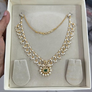 Pearl Emerald Choker Set: CZ Diamond South Indian Necklace