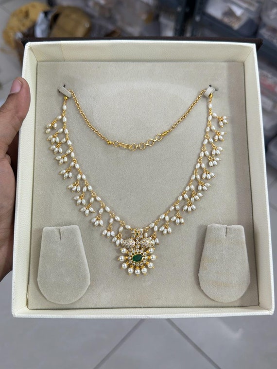 Pearl Emerald Choker Set: CZ Diamond South Indian Necklace