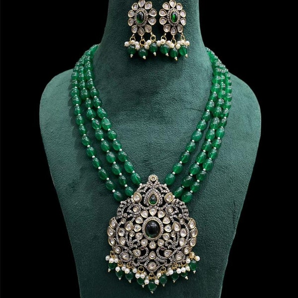 Green Beads Kundan CZ Diamond Victorian Necklace Earring Set Gold Premium Necklace Designer Jewelry Sabyasachi Inspired Wedding Collection