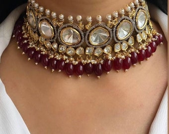 Red Beaded Kundan Victorian Choker Set, Silver Foil Polki Necklace, Premium Look Jewelry, Engagement Jewelry, Bridal Jewelry, Sabhyasachi
