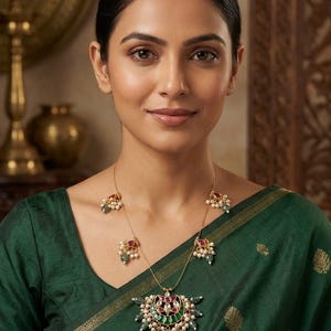 May include: A gold-toned necklace featuring a large, crescent-shaped pendant adorned with green and red stones, clear crystals, and small white pearls. The chain includes symmetrical accents of red stones, green beads, and clusters of tiny white pearls.