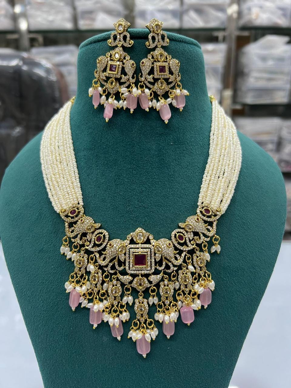Pearl Kundan Polki Jadau Necklace Set Multi Beads Strand