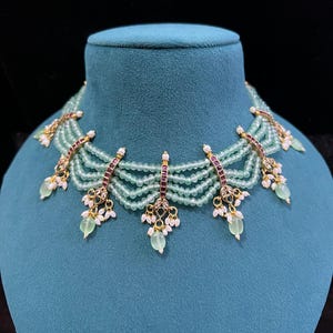 Gold Polki Kundan Choker Set: Mint Green Pearl Necklace, Indian Jewelry