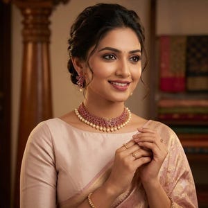 May include: A jewelry set consisting of a choker necklace and matching drop earrings, both featuring small pink stones and white pearls. The necklace has a central ornate design, and the earrings are dangling. Two gold rings are worn on the fingers.